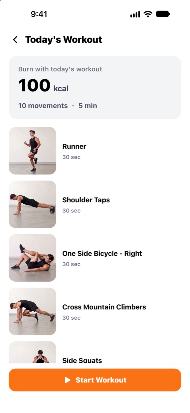 Today's workout: 100 kcal, 10 movements, 5 min